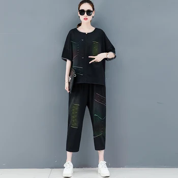 Blugi Împletit Denim 2 Bucata Set Pantaloni Largi Costume și Top Plus Dimensiunea Femei Mari Tinuta Co-ord Set de Vară 2020 Haine Negre