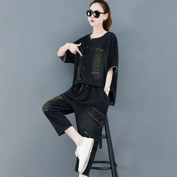 Blugi Împletit Denim 2 Bucata Set Pantaloni Largi Costume și Top Plus Dimensiunea Femei Mari Tinuta Co-ord Set de Vară 2020 Haine Negre