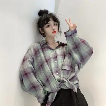 Bluza Femei Camasa Carouri pentru Femei coreene Liber Retro Strat de Top Blusas Ropa De Mujer
