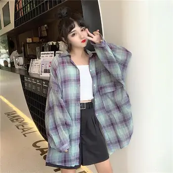 Bluza Femei Camasa Carouri pentru Femei coreene Liber Retro Strat de Top Blusas Ropa De Mujer