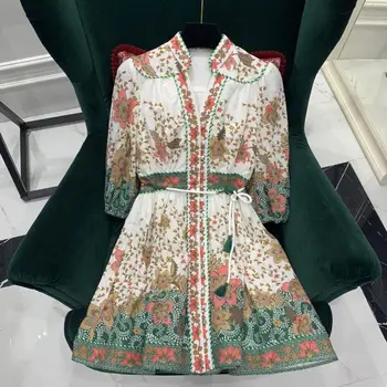 Boho Imprimate New Woman Dress V-gât lantern maneca toamna iarna single-breasted vintage rochie de sex feminin vestido pista de design 2020
