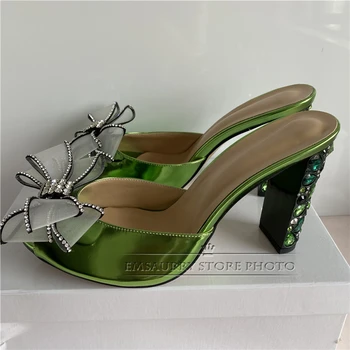 Bomboane de Culoare Verde, din Piele de Brevet Sandale Femei Diamond Tocuri de Cristal Plasă de Fluture nod Stras Pantofi de Partid Femeie