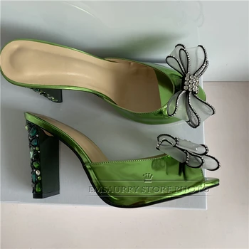 Bomboane de Culoare Verde, din Piele de Brevet Sandale Femei Diamond Tocuri de Cristal Plasă de Fluture nod Stras Pantofi de Partid Femeie