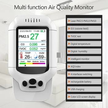 Calitatea aerului Monitorizarea PM2.5 TVOC Concentrație de Ozon Multi-funcțional Monitor LCD Display USB de Încărcare Aer Analizor de Monitorizare