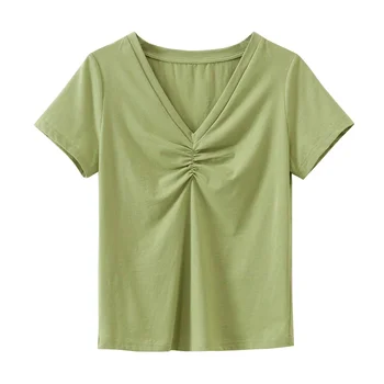 Cantitățile principal fierbinte stil culoare pură film cotton v-neck loose maneci scurte T-shirt rochie