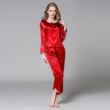 Casual Culoare solidă Acasă noaptea costum de Mătase Satin Femei Seturi de Pijama Primavara Toamna Pijamale Pentru Femei Topuri Tricou+Pantaloni Pijamas