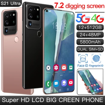 Cele mai noi S21Ultra 7.2 inch HD Ecran Complet 12GB +512GB 5G LASA Smartphone-uri Android Amprente Deblocare MTK6889 10-Core Telefon Mobil