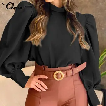 Celmia Elegant Manșon de Puf pentru Femei Tricouri 2021 Moda Stand Guler Tunica Topuri Casual de Toamna Bluze Casual Ladies Solid Blusas