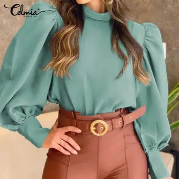 Celmia Elegant Manșon de Puf pentru Femei Tricouri 2021 Moda Stand Guler Tunica Topuri Casual de Toamna Bluze Casual Ladies Solid Blusas