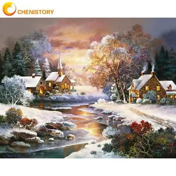 CHENISTORY Pictura De Numere Kituri Pentru Adulți Crăciun Apus de soare În Peisaj de Iarnă Ulei Pictura DIY Încadrată Desen Artcraft Pho