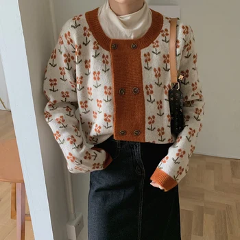 Chic Coreea Moda De Iarnă Primăvară Femei Casual Cu Maneci Lungi Vrac Florale Imprimate Dublu Îmbrăcăminte Exterioară Cardigan Vintage O816