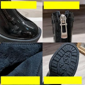 Cizme Pentru Femei Piața De Piele Cu Toc Glezna Cizme Rotund Toe Pantofi De Iarna Femeie Confort Cald Platforma De Moda Cizme Cu Fermoar Negru