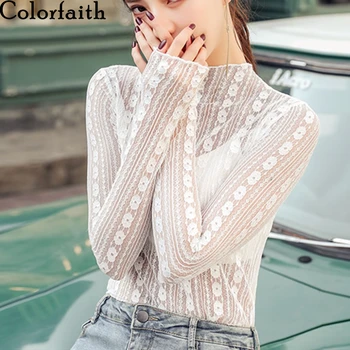 Colorfaith Noi 2021 Primavara-Vara pentru Femei Bluza din Dantela Bottom Sexy Stand Guler Solid Casual Elegant Tricouri Plasă de Topuri BL9191