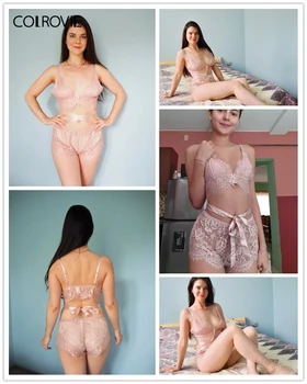 COLROVIE Roz Dantelate Dantelă Florale Set de Lenjerie pentru Femei Pijama Set 2019 Visiniu Bralettes Și Indispensabili, Pijamale Sexy cămașă de noapte