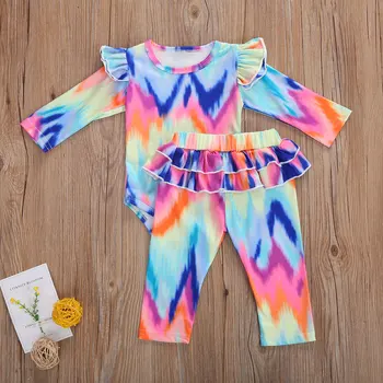 Copii Copilul Fetita Tie Dye Set Haine Cu Maneci Lungi Tricou De Bumbac Topuri Ciufulit Costume Pantaloni Colorate Pentru Primavara Toamna