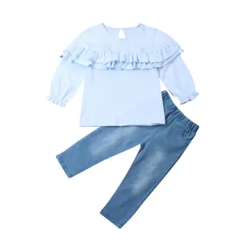 Copii pentru Copii Baby Girl Haine de Iarnă Zburli Topuri cu Maneci Lungi tricou Denim Pantaloni 2 buc Tinuta Set