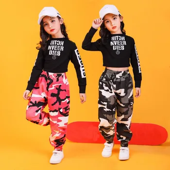 Copil Hip Hop Îmbrăcăminte Tricou Crop Top cu Maneci Lungi Camuflaj Streetwear Tactice Cargo Pantaloni pentru Fete de Dans Costum de Haine
