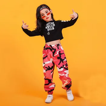 Copil Hip Hop Îmbrăcăminte Tricou Crop Top cu Maneci Lungi Camuflaj Streetwear Tactice Cargo Pantaloni pentru Fete de Dans Costum de Haine