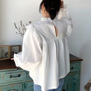 Coreeană Dantela Despicare Tricou Toamna Elegant Nou Maneca Lunga Birou Topuri Doamnelor De Epocă Alb Femme Bluza Casual Femei Blusa 12276