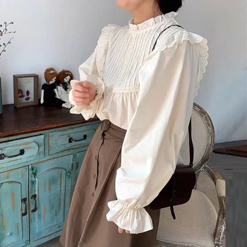 Coreeană Dantela Despicare Tricou Toamna Elegant Nou Maneca Lunga Birou Topuri Doamnelor De Epocă Alb Femme Bluza Casual Femei Blusa 12276