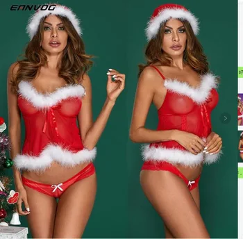 Crăciun Dantela Uniformă de Poliție Set de Lenjerie Sexy Pijamale Femei Babydoll Plasă de Topuri G-string 2 buc Exotice Seturi de Haine de Crăciun