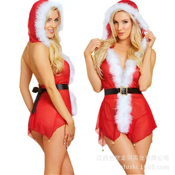 Crăciun Lenjerie Sexy Porno Bodydoll Moș Crăciun Roșu Cu Glugă Rochie Exotic Îmbrăcăminte De Noapte, Petrecere De Craciun Erotic Purta
