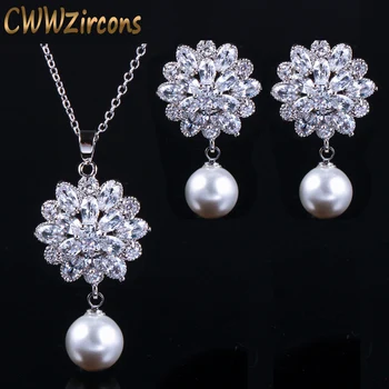 CWWZircons Brand Pentru Femei La Modă Perla Bijuterii De Înaltă Calitate Zirconiu Cristal Doamnelor Marionetă Pandantiv Colier Și Cercei Set T280