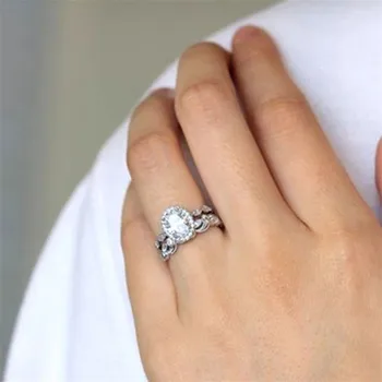 De Lux 925 De Argint Sterlină Femei Logodna Halo Tăiat Oval Set Inel Simulat Nunta De Diamant De Argint De Mireasa Inel Set De Bijuterii