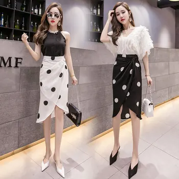 De vară 2020 alb-negru polka dot neregulate fusta talie înaltă, subțire șifon lung fuste femei coreene elegant fantă fusta folie
