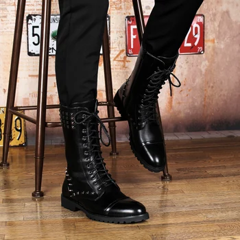 Design britanic mens casual de la jumătatea vițel punk motocicleta cizme înalte nituri de primavara toamna din piele pantofi dantela-up zapatos hombre