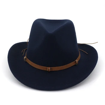 Din piele Decorate Western Cowboy Pălărie de Lână Simțit Jazz Pălării Fedora Margine Largă Panama Formală de Sus Pac Sombrero pentru Barbati Femei
