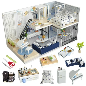 DIY casă de Păpuși în Miniatură Kit Casa din Lemn Duble Moderne Etaje Vila Modelul Cadou de Crăciun Jucării Pentru Copii, Mobilier Casa Papusa
