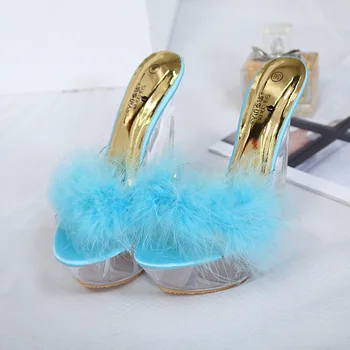 Doamna Sexy Sudoare Rochie de Petrecere, Pantofi Femei Vara Sandale cu Toc Transparent Cristal Pene Platforma Pantofi Blană 14 CM Jeleu