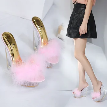 Doamna Sexy Sudoare Rochie de Petrecere, Pantofi Femei Vara Sandale cu Toc Transparent Cristal Pene Platforma Pantofi Blană 14 CM Jeleu