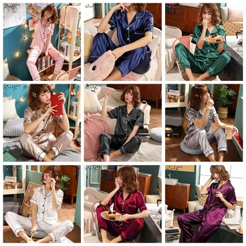 Două Piese Seturi De Pijamale Pentru Femei Matase Satin Seturi De Pijamale Cu Maneci Scurte Top+Pantaloni Lungi De Pijama, Pijamale Femei Casual Îmbrăcăminte Acasă