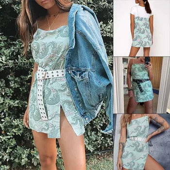 Dragon Imprimare Fără Mâneci Sexy Split Alunecare Rochie Mini De Vară 2020 Tinute Streetwear Club Harajuku Bodycon Rochii De Partid Pentru Femei