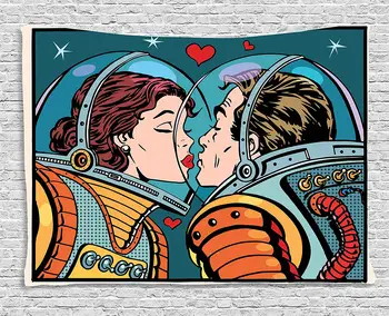 Dragoste Decor Tapiserie Spațiu Bărbat Femeie Astronauți Saruta Știință Cosmos Cuplu Fantezie Stil Pop Art Viclean Imprimare Agățat De Perete