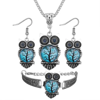 DSHI71 Retro albastru ochi de bufnita set de bijuterii personalitate creatoare de imprimare de rășină bijuterii set de trei piese