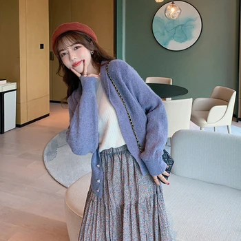 Elegant Butonul Femei Cardigan Scurt Pulover Tricotate 2020 Toamna coreean Long Sleeve V-neck Jumper Cardigane Dulce Trage Femme Haina