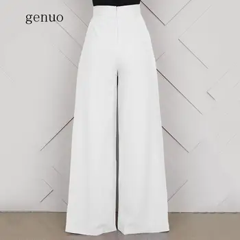 Elegant Talie Mare Pantaloni pentru Femei 2019 Toamna de Moda Alb Doamnelor Birou Umflat Fermoar Pantaloni Largi Picior Pantalon Femme