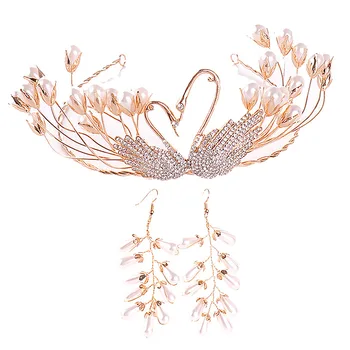 Epocă de Aur Swan Perle Handmade Femei Tiara și Coroane Cercei Set Nunta Nupțial Diadema Caciulita de Păr Bijuterii Accesorii JL