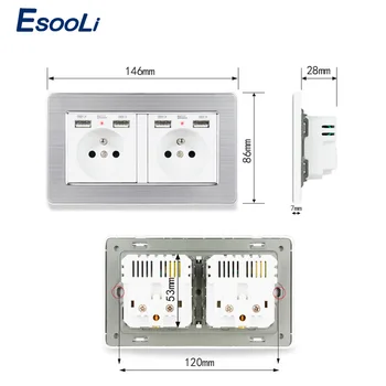Esooli 2 Banda franceză Priză Standard de Perete din Oțel Inoxidabil Panou Cu 4 Portul de Încărcare USB Ascunse Moale Indicator LED