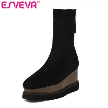 ESVEVA 2020 Femei Pantofi de Iarna Glezna Cizme Dantelă Neagră Până Pană Toc Turma Motocicleta Cizme cu Platforma Marimea 34-39