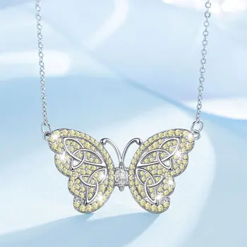 Eudora Argint 925 Cristal Yelllow / Albastru Zircon Fluture care Zboară Lanț Colier Pandantiv pentru Femei Bijuterii de moda D554