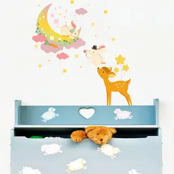 Fawn Luna Iepurasul Desene animate Dormitor Decorativ Autocolant de Perete Tapet Camera Copiilor de Grădiniță Perete Decal pentru Copii Decor Acasă