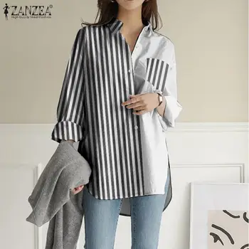 Femei 2021 Lenjerie de pat din Bumbac Bluza Casual Mâneci Lungi Tricouri ZANZEA coreean Mozaic Topuri Birou Doamnă Primăvară Rever Blusa Supradimensionate