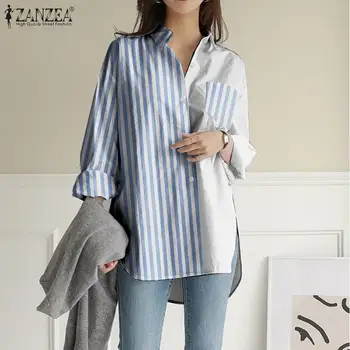 Femei 2021 Lenjerie de pat din Bumbac Bluza Casual Mâneci Lungi Tricouri ZANZEA coreean Mozaic Topuri Birou Doamnă Primăvară Rever Blusa Supradimensionate