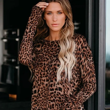 Femei Cu Maneci Lungi O-Gât Pulover Tricotat Dungi De Zebra Leopard Camo Print Pulover Vrac Topuri Cu Fermoar Lateral Split Jumper Plus Dimensiune