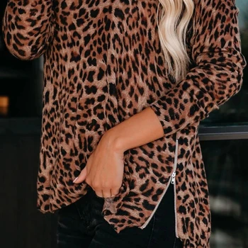 Femei Cu Maneci Lungi O-Gât Pulover Tricotat Dungi De Zebra Leopard Camo Print Pulover Vrac Topuri Cu Fermoar Lateral Split Jumper Plus Dimensiune
