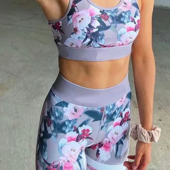 Femei de moda a 2 Bucata Yoga Costum Sport de Talie Mare Plus Dimensiune Florale Ptinted Top fără Mâneci+jambiere Mujer Exercițiu de Fitness Haine